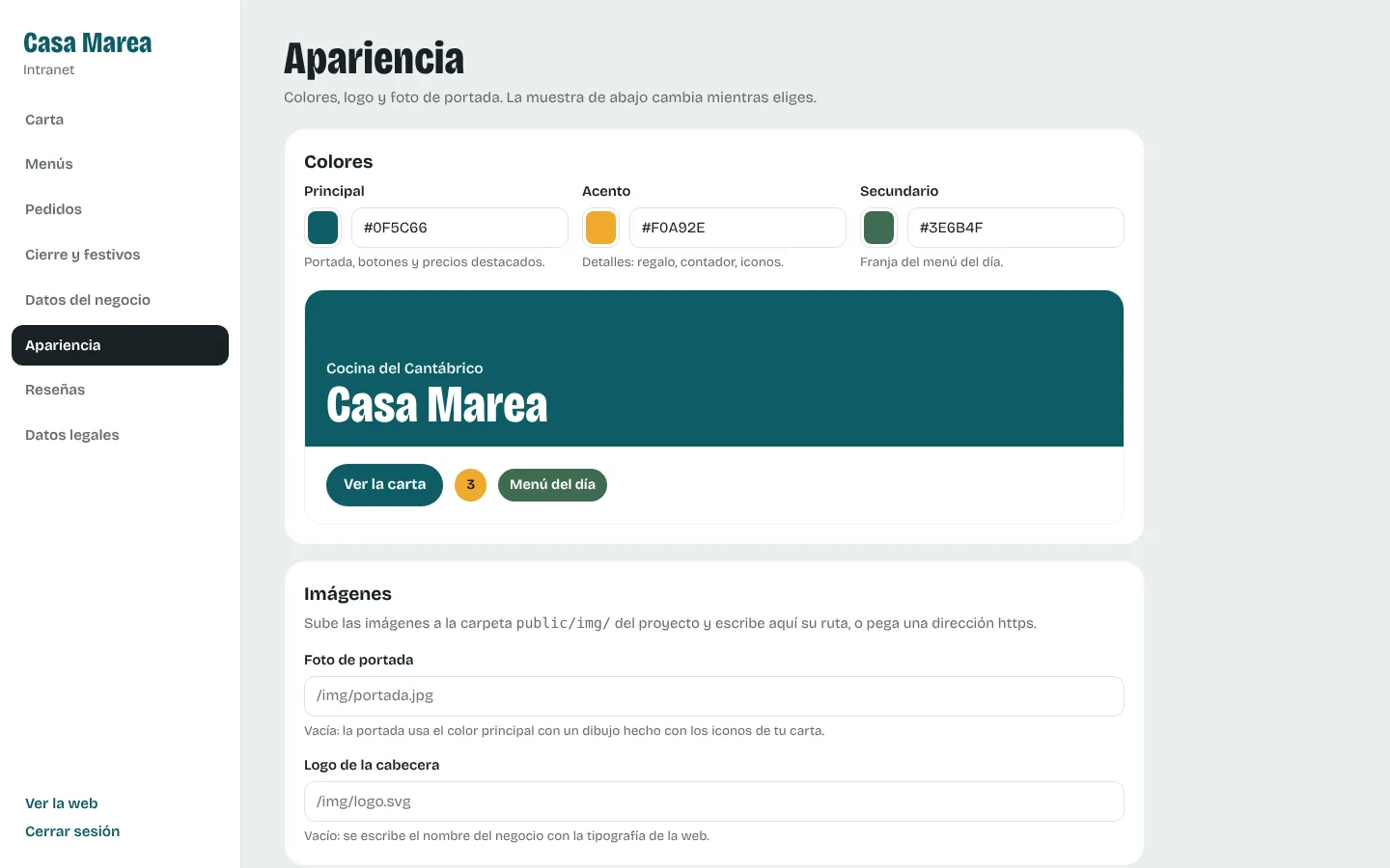Intranet: selector de colores con vista previa de la portada