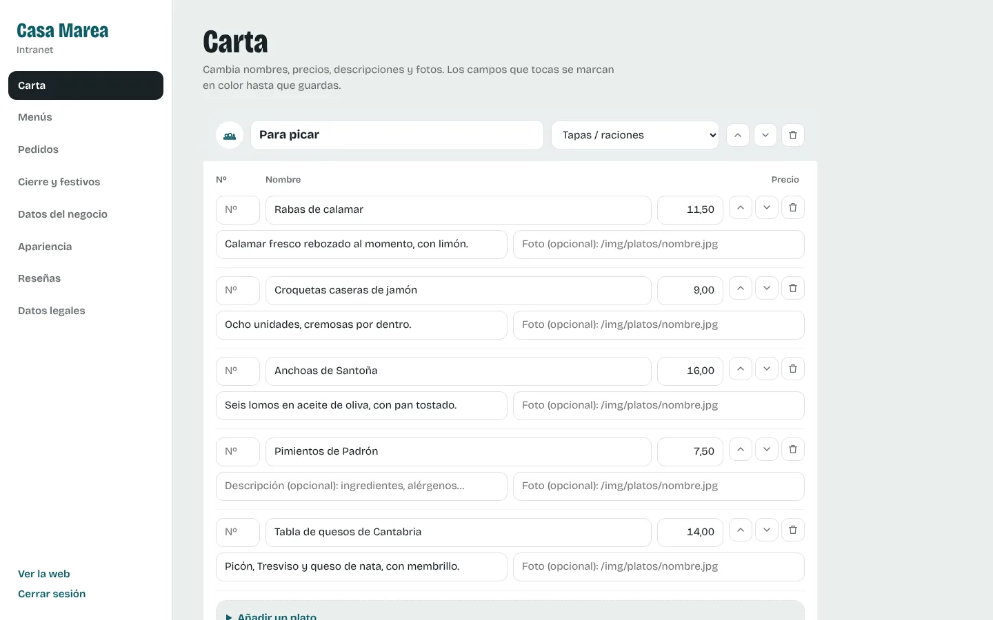 Intranet: lista de platos con nombre, precio, descripción y foto editables