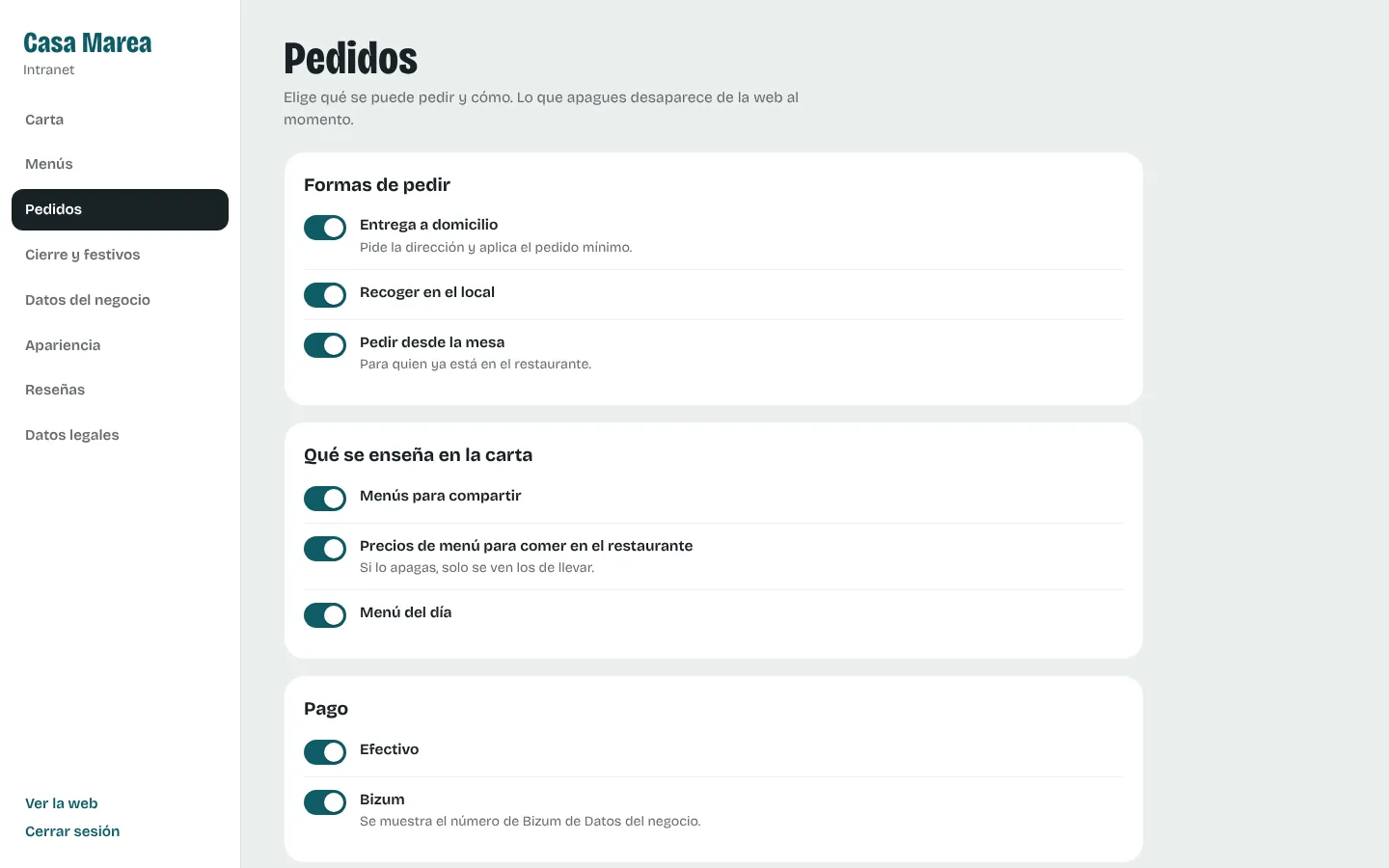 Intranet: interruptores para activar domicilio, recogida, menús y formas de pago