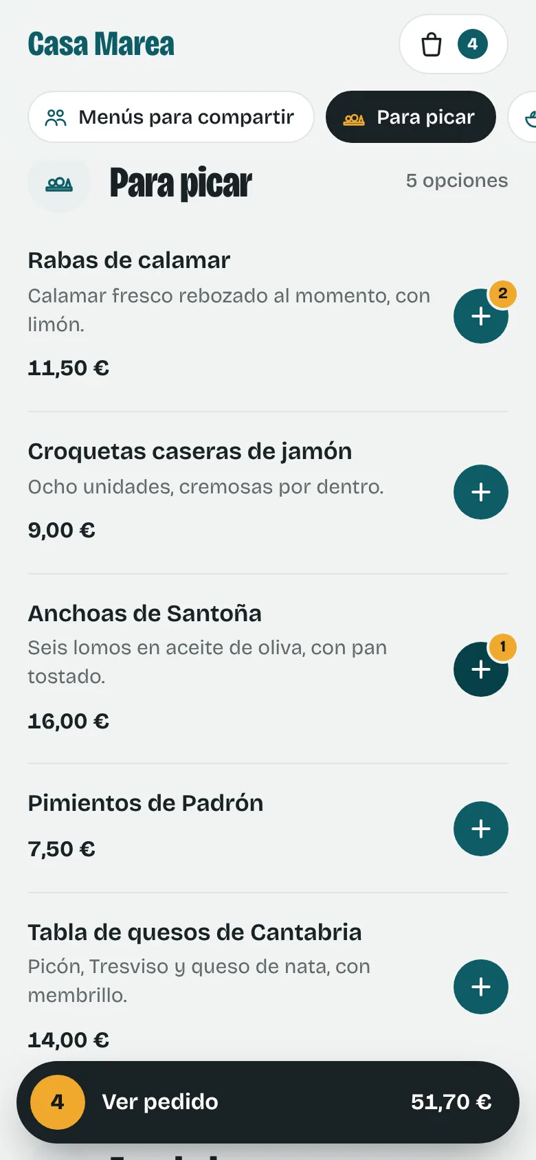 Lista de platos con precios y botón para añadir al pedido