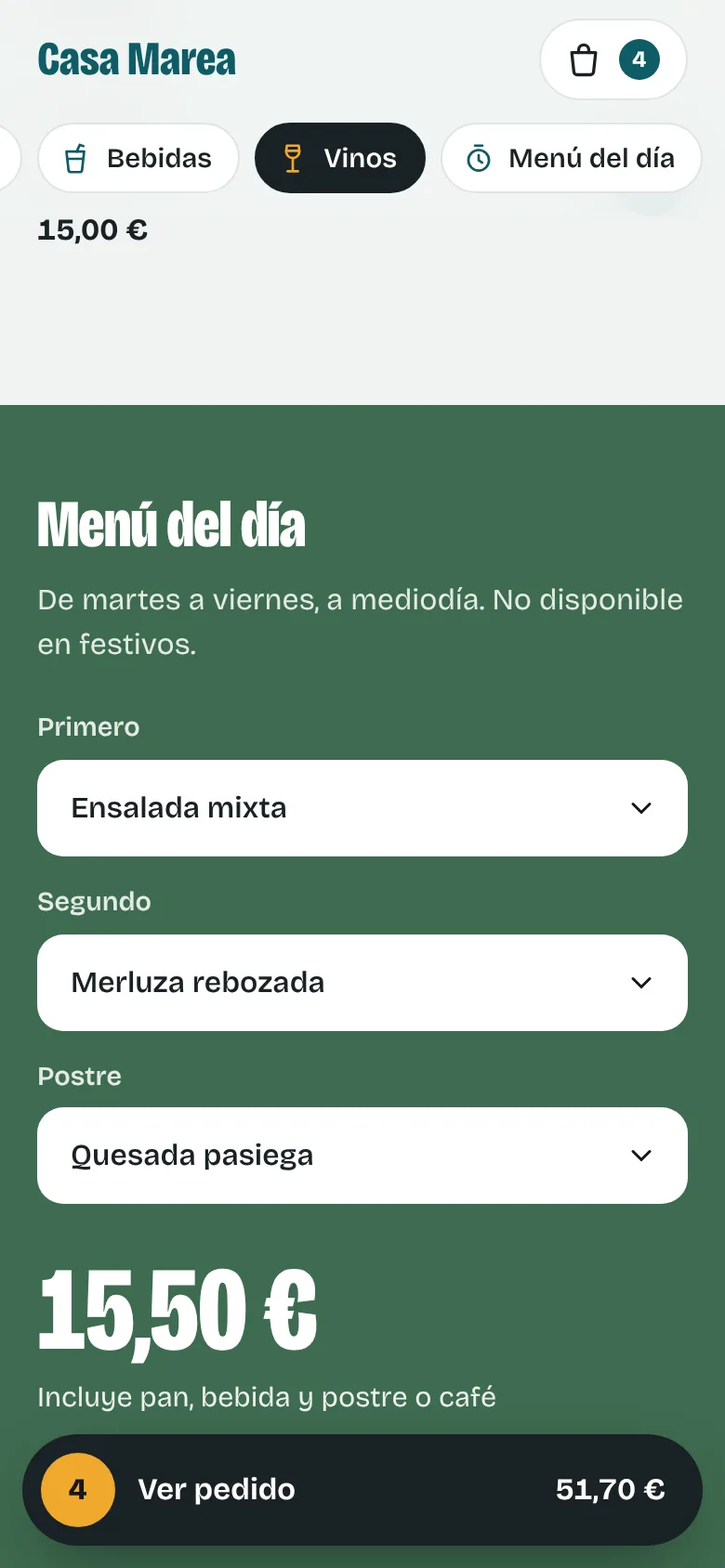 Menú del día con desplegables para elegir primero, segundo y postre