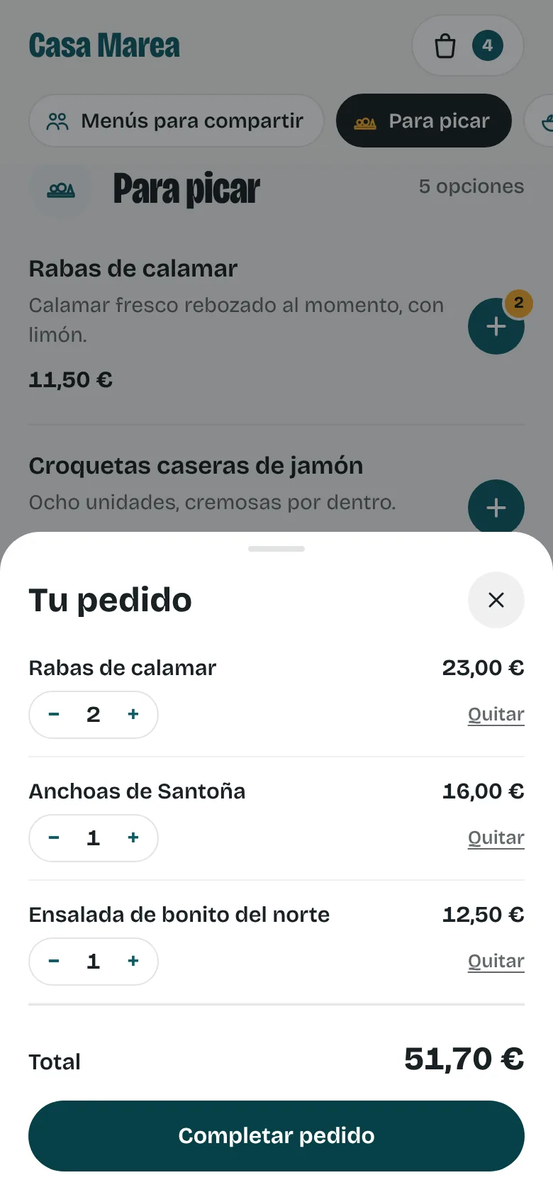 Resumen del pedido con cantidades y total