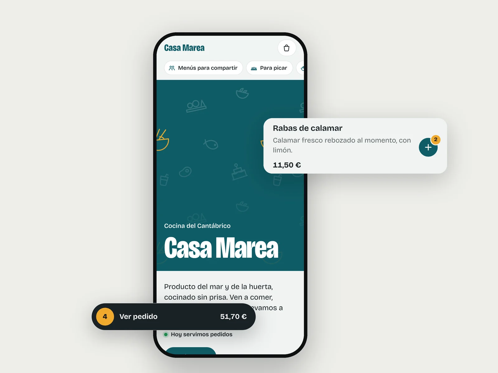 Carta digital en dos móviles: portada del restaurante y lista de platos