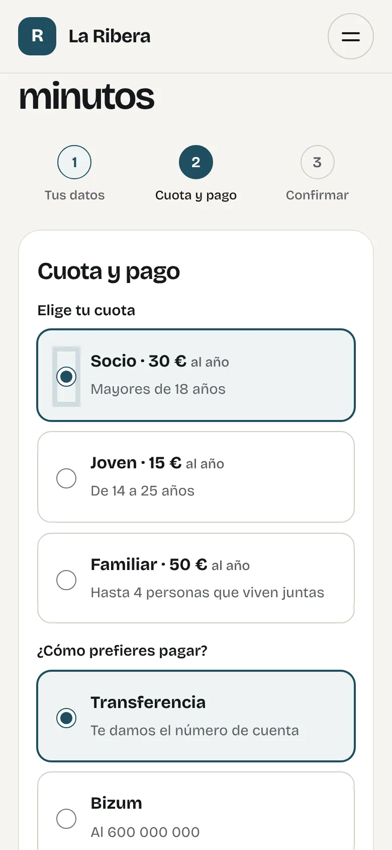 Formulario para hacerse socio: elección de cuota y de forma de pago