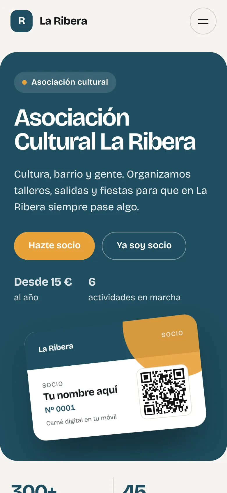 Portada de la web de la asociación con su nombre, la frase principal y el carné digital